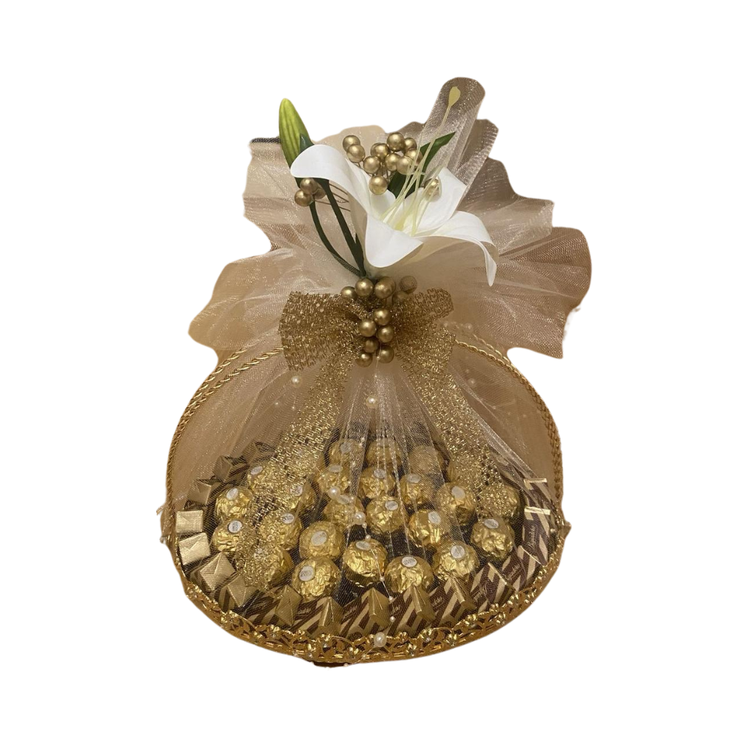 Eid al-Fitr Chocolate Basket - Assorted gourmet chocolates in floral royal packaging, ideal luxury gift for Eid celebrations in Dubai.
