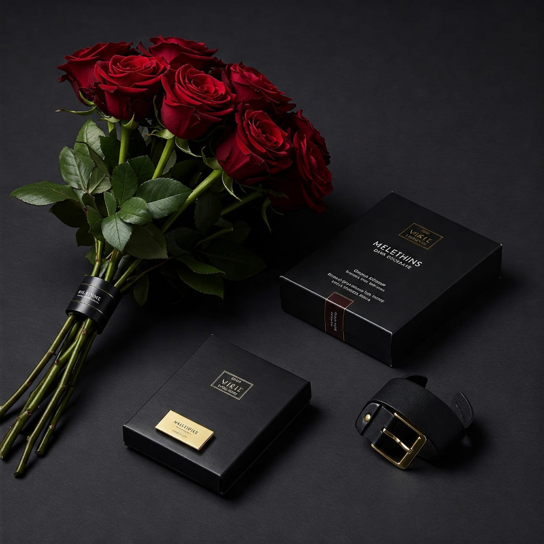 A sophisticated flat-lay image featuring a sleek bouquet of dark red roses, a premium chocolate box, and a minimalist gift for men (like a watch or leather wallet), placed on a dark, masculine background. Elegant and refined, with a modern aesthetic.